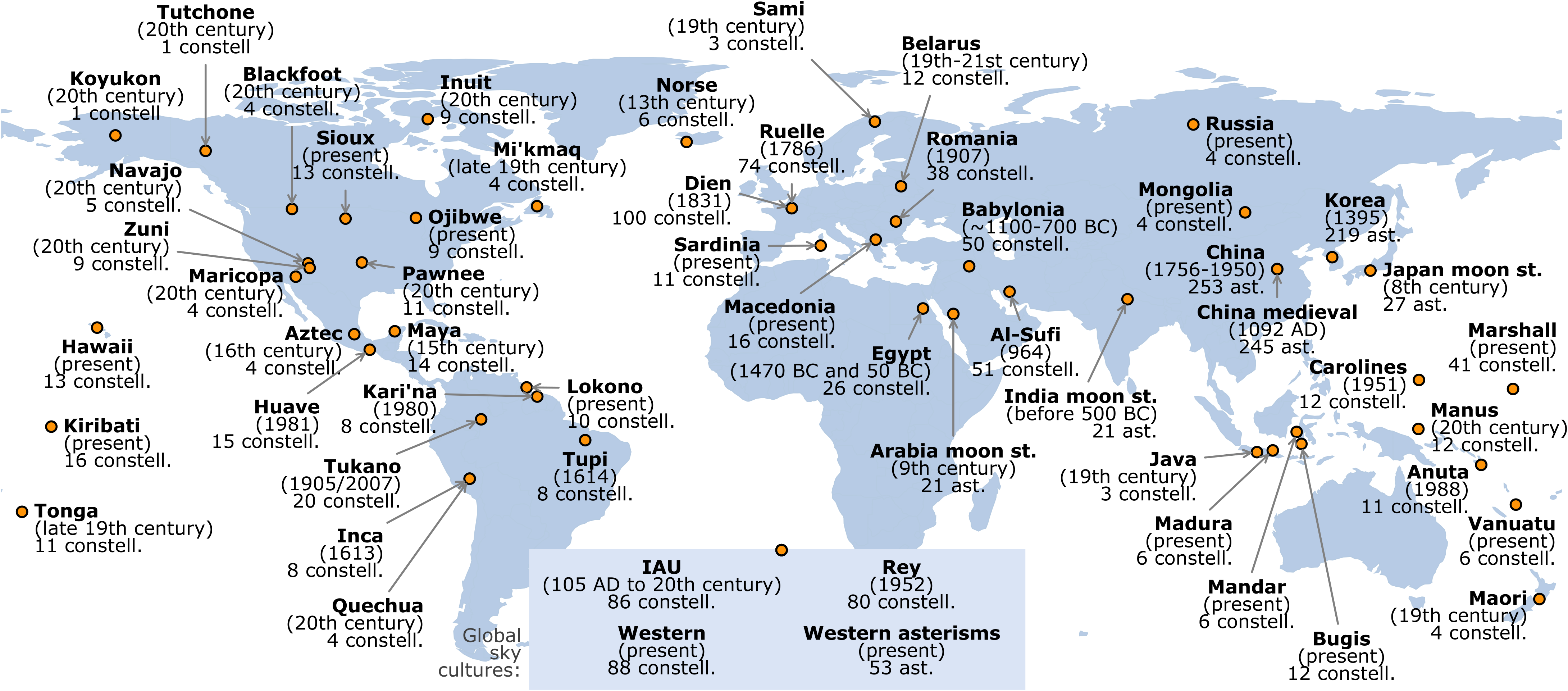 Map of the world with astronomical cultures marked